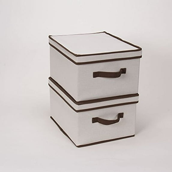 Household Essentials 513 Storage Box with Lid and Handle Natural Beige Canvas with Brown Trim Large