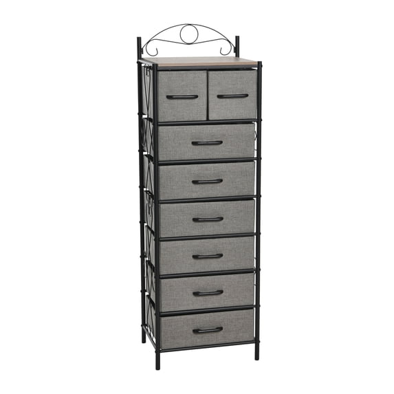 Household Essentials Victoria Dresser Tower Storage Organizer with 8 Drawers Black Metal Frame and Ashwood Rustic Wood Grain Top