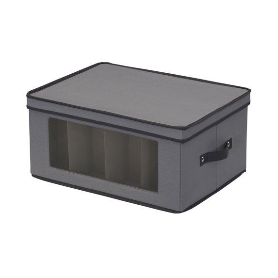 Household Essentials Balloon Wine Glass Storage Box, Strong Frame and Handles, Windowed Panel, Fully Removable Lid, Stackable and Foldable, Perfect for Wider Stemware, Gray