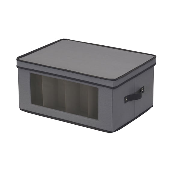 Household Essentials Balloon Wine Glass Storage Box, Strong Frame and Handles, Windowed Panel, Fully Removable Lid, Stackable and Foldable, Perfect for Wider Stemware, Gray