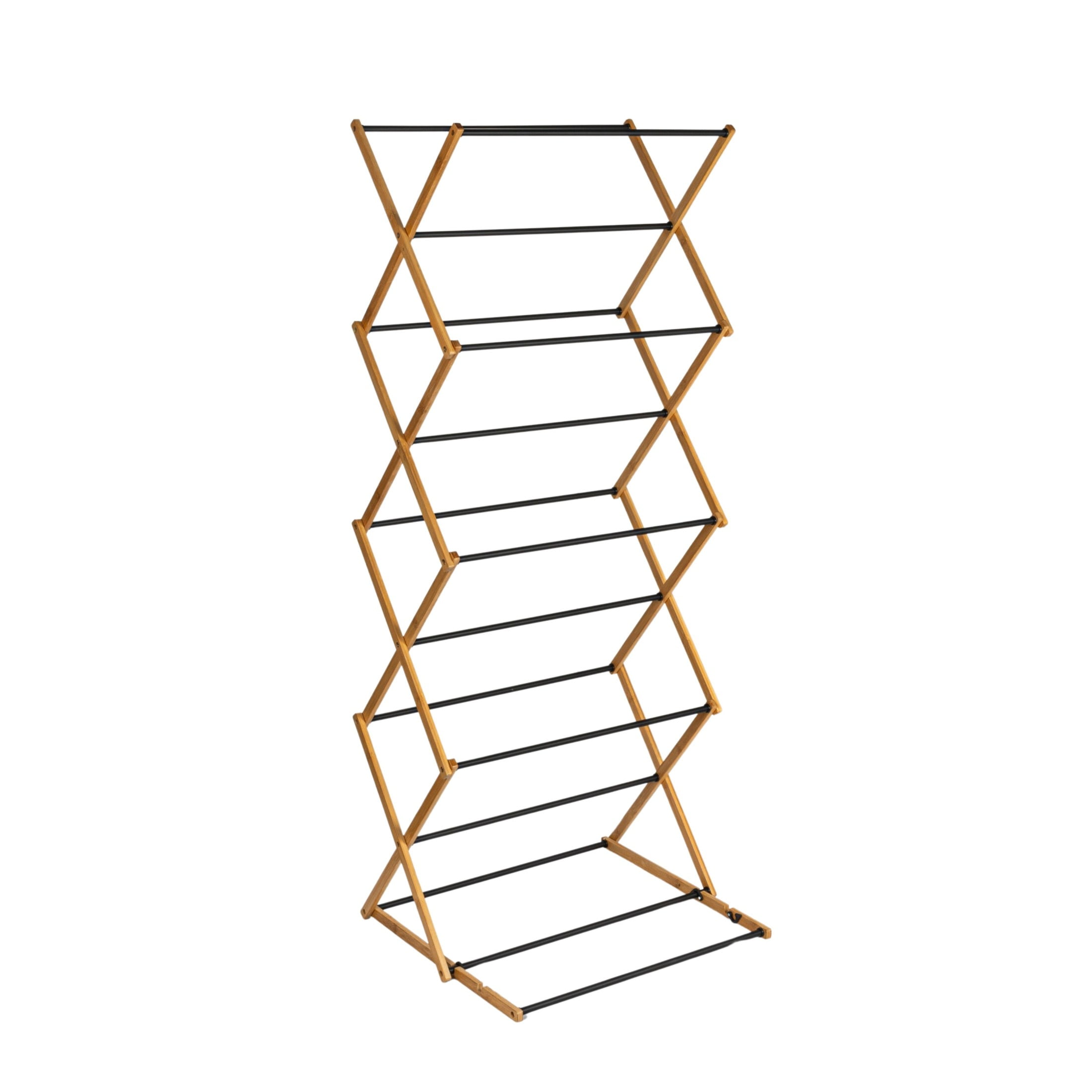 Bamboo and Black Adjustable Folding Clothes Drying Rack