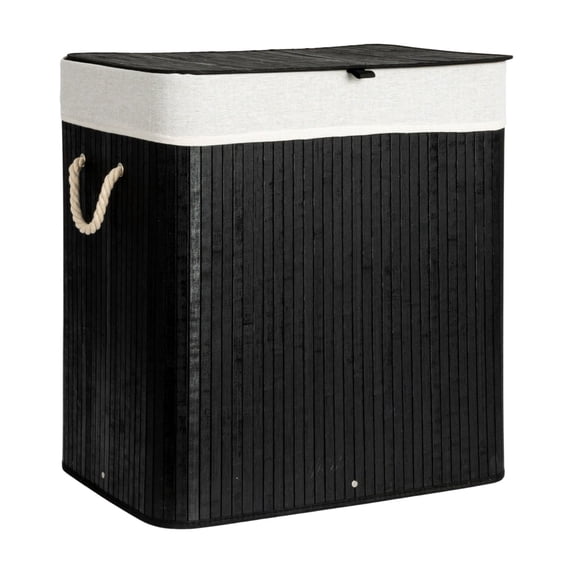 Household Essentials Bamboo Double Laundry Hamper with Rope Handles, Lid and Removable Machine Washable Laundry Bag, 39-Gallons, Black