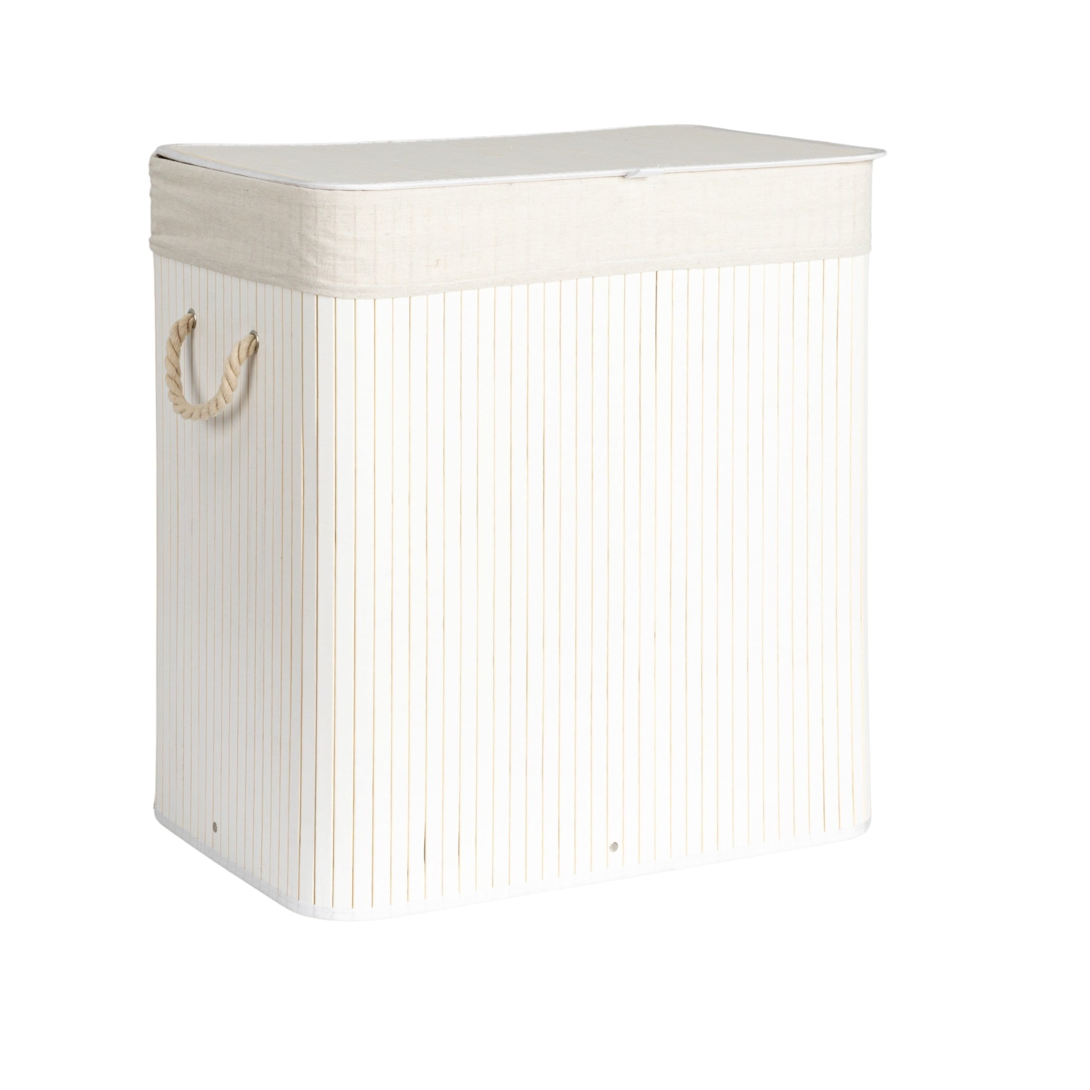 White Bamboo Laundry Hamper with Rope Handles and Lid