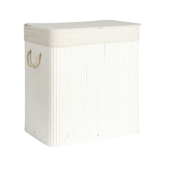 Household Essentials Bamboo Double Laundry Hamper with Rope Handles, Lid and Removable Machine Washable Laundry Bag, 39-Gallons, White