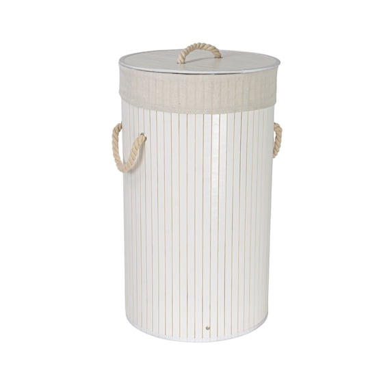 Household Essentials Bamboo Laundry Hamper with Rope Handles, Lid and Removable Machine Washable Laundry Bag, 15-Gallons, White