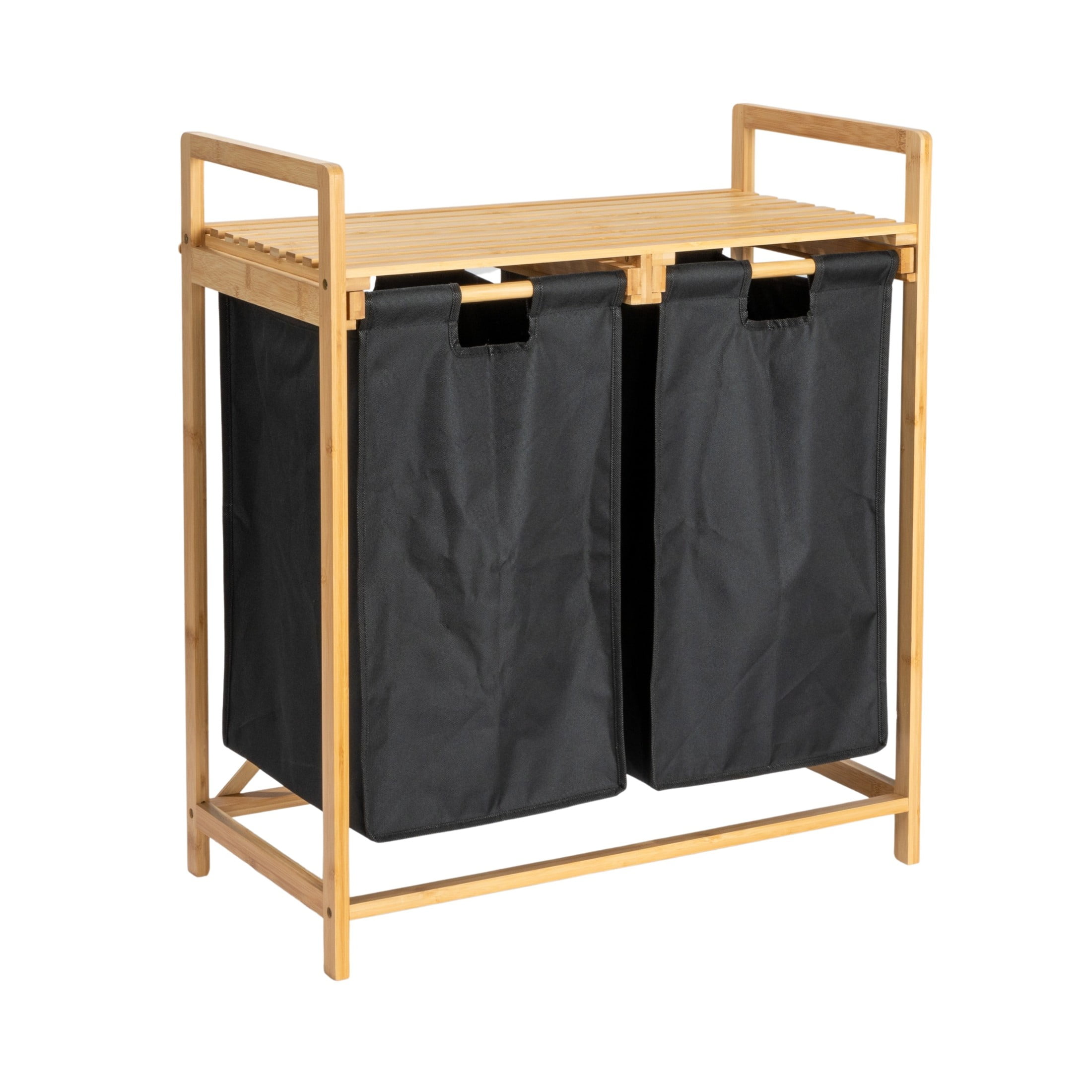 Natural Bamboo and Black Fabric Double Tilt-Out Hamper with Shelf