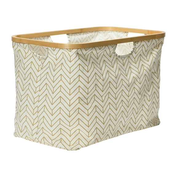 Household Essentials Bamboo Rimmed Krush Basket with Cut Out Handles, Tan Chevron