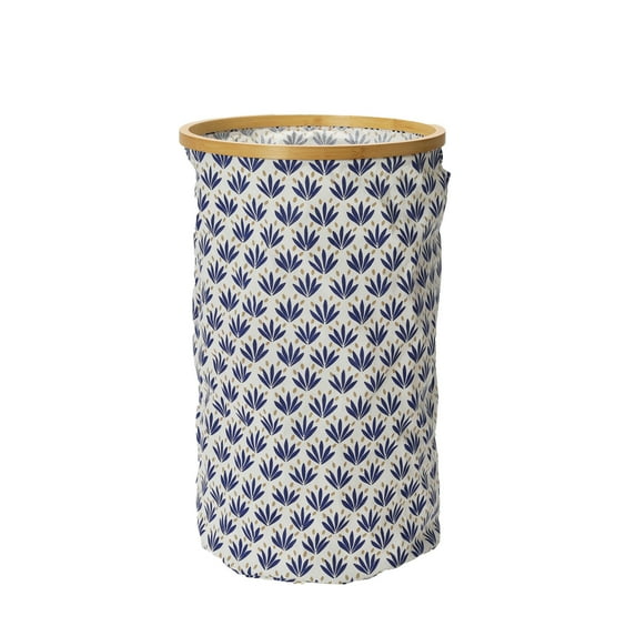 Household Essentials Bamboo Rimmed Round Krush Hamper with Cutout Handles, Blue Cacti