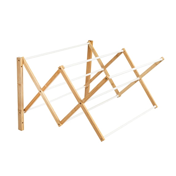 Household Essentials Bamboo and Metal Wall Mount Extendable Drying Rack, Compact Upscale Laundry Rack with 8 Dowels, Environmentally Friendly