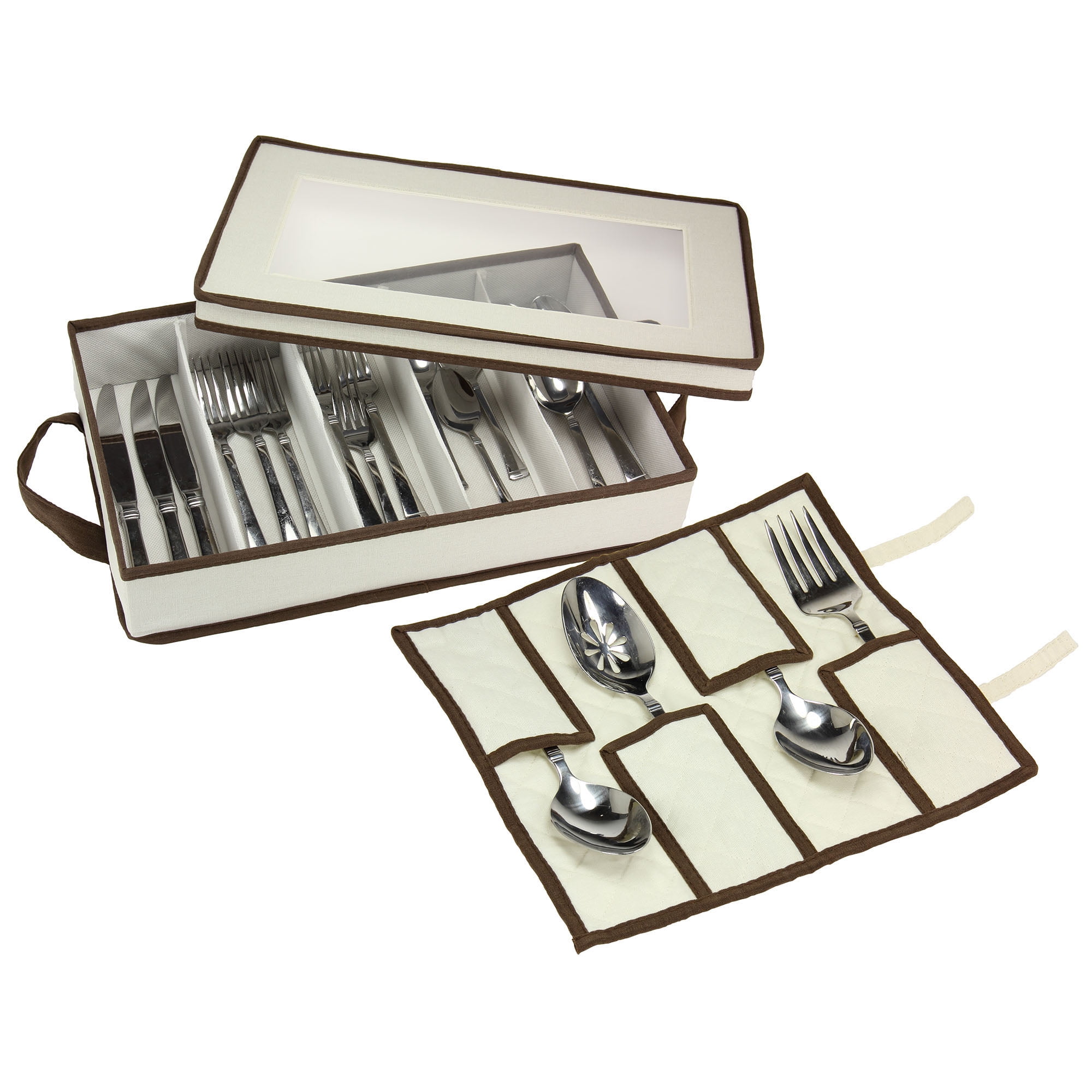 Natural Canvas Flatware Storage Chest with Brown Trim