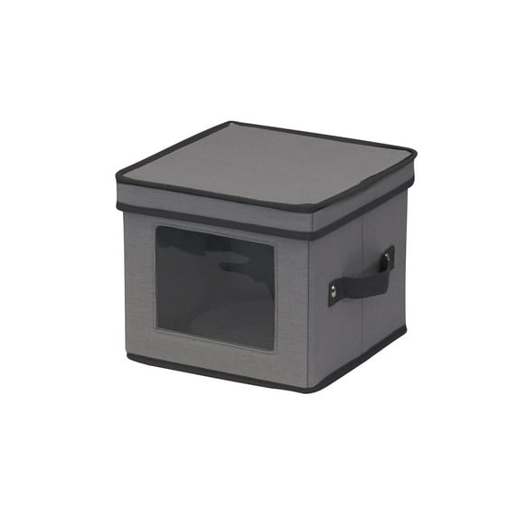 Household Essentials China Plate Storage Box, Salad Plate Storage, Windowed Panel, Stackable and Foldable Frame, Handles and Fully Removable Lid, Gray