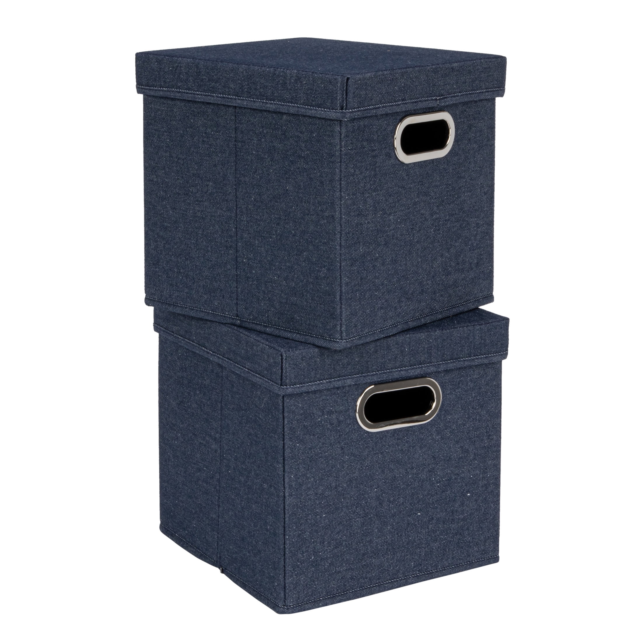 Denim Blue Cotton Blend Collapsible Cube Storage Box with Metal Handles