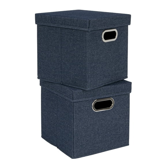 Household Essentials Collapsible Cotton Blend Cube Storage Box with Lid and Metal Grommet Handle, Set of 2, Denim