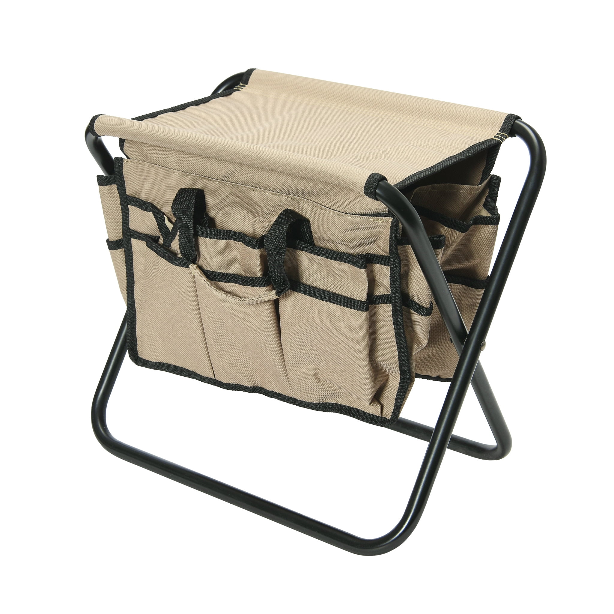 Tan Canvas and Steel Collapsible Utility Stool with Pockets