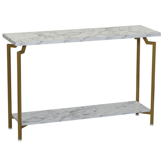 Household Essentials Crown Console Sofa Table with Storage Shelf White Marble and Gold Metal