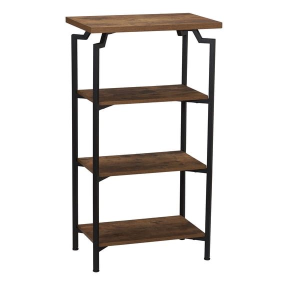 Household Essentials Crown Narrow 4 Shelf Open Storage Bookshelf Rustic Hickory Wood Grain and Black Metal