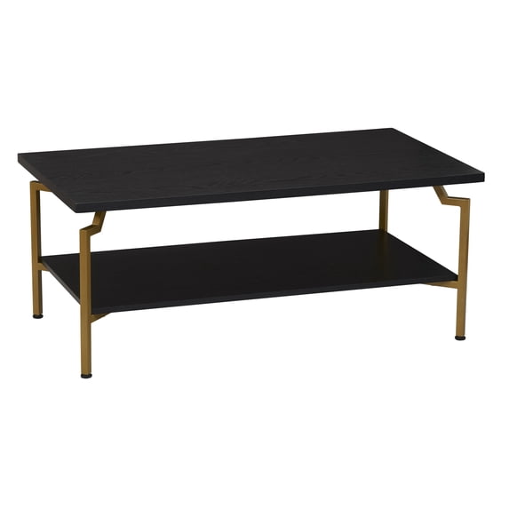 Household Essentials Crown Rectangular Coffee Table with Storage Shelf Black Oak Wood Grain and Gold Metal