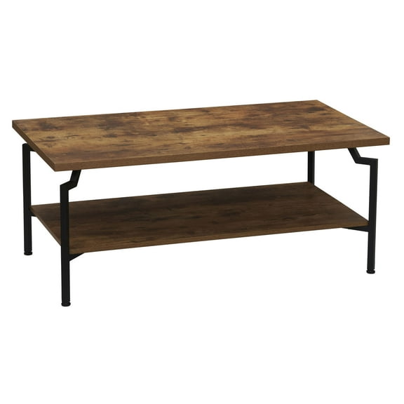 Household Essentials Crown Rectangular Coffee Table with Storage Shelf Rustic Hickory Wood Grain and Black Metal