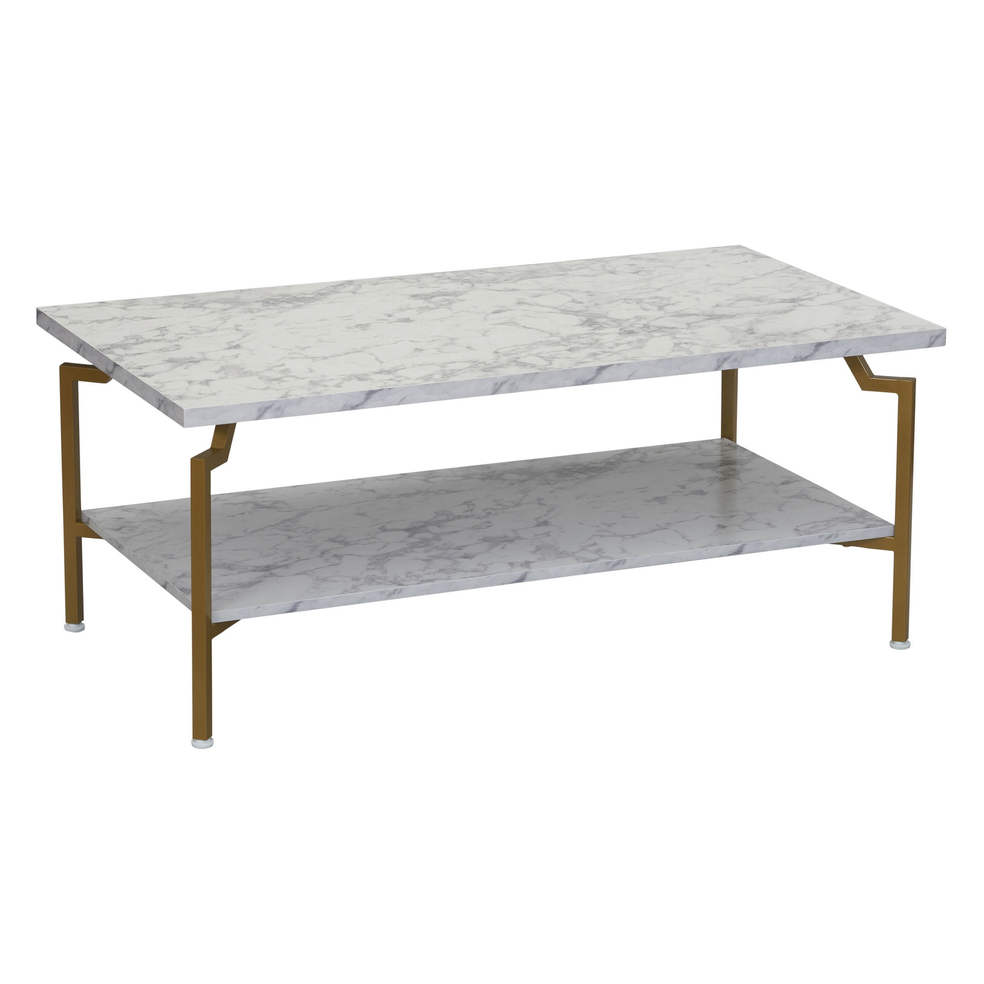 Crown Rectangular White Marble and Gold Metal Coffee Table with Storage Shelf