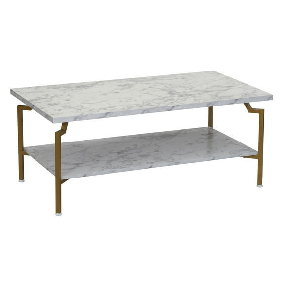 Household Essentials Crown Rectangular Coffee Table with Storage Shelf White Marble and Gold Metal