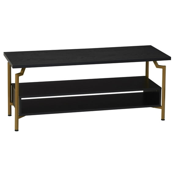 Household Essentials Crown TV Stand with Rectangular Storage Compartment Black Oak Wood Grain and Gold Metal