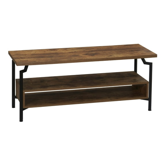 Household Essentials Crown TV Stand with Rectangular Storage Compartment Rustic Hickory Wood Grain and Black Metal
