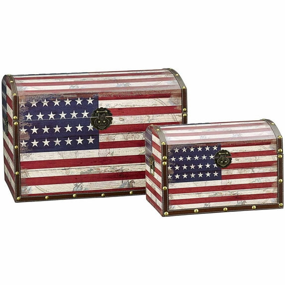 Household Essentials Decorative Storage Trunk, Red White and Blue Design, Set of 2