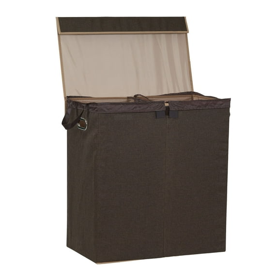 Household Essentials Double Laundry Hamper with Lid, Two Compartments for Easy Sorting with Removable Liner, Collapsible, Brown Linen 5614