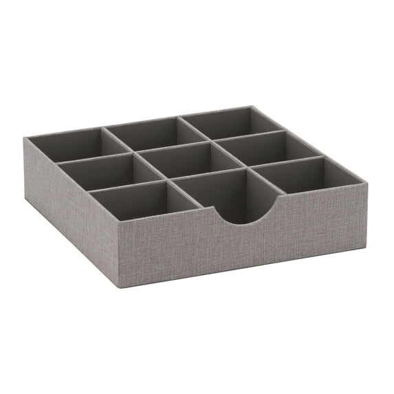 Household Essentials Drawer Organizer Tray, 9 Square Compartment, Sturdy with Fabric Cover, Grey