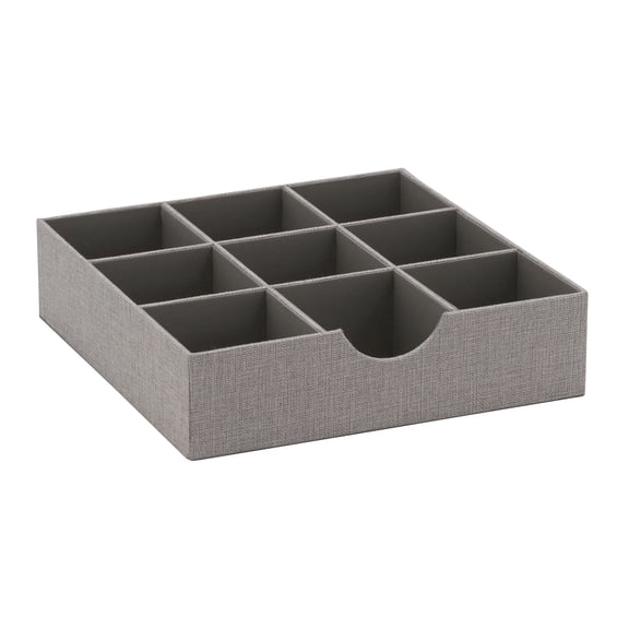 Household Essentials Drawer Organizer Tray, 9 Square Compartment, Sturdy with Fabric Cover, Grey
