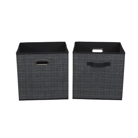 Household Essentials Fabric Storage Bins 2 Piece Set, Strong Poly-Woven Fabric, Sturdy Chipboard Sides, Grommet Front Handle, Stackable and Foldable, Classic Design,  Black Mix
