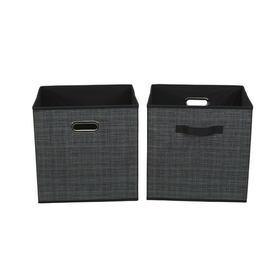 Household Essentials Fabric Storage Bins 2 Piece Set, Strong Poly-Woven Fabric, Sturdy Chipboard Sides, Grommet Front Handle, Stackable and Foldable, Classic Design, Black Mix