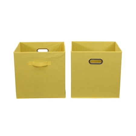 Household Essentials Fabric Storage Bins 2 Piece Set, Strong Poly-Woven Fabric, Sturdy Chipboard Sides, Grommet Front Handle, Stackable and Foldable, Classic Design, Golden Yellow