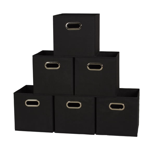 Household Essentials Fabric Storage Bins in Strong Poly‑Woven Fabric with Sturdy Chipboard Sides, and Grommet Front Handle, Black, Set of 6