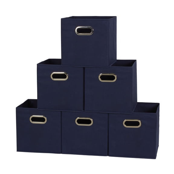 Household Essentials Fabric Storage Bins in Strong Poly‑Woven Fabric with Sturdy Chipboard Sides, and Grommet Front Handle, Navy Blue, Set of 6