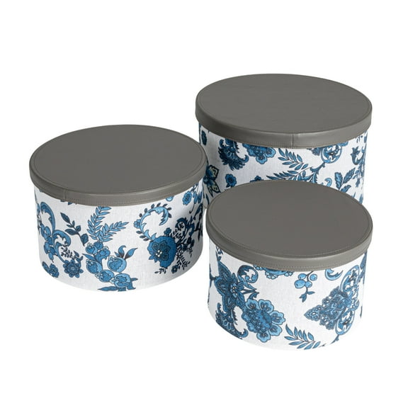 Household Essentials Floral Nestable Hat Boxes with Faux Leather Lids, Cream and Blue, Set of 3