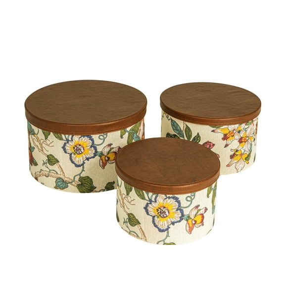 Household Essentials Floral Nestable Hat Boxes with Faux Leather Lids, Multicolor, Set of 3
