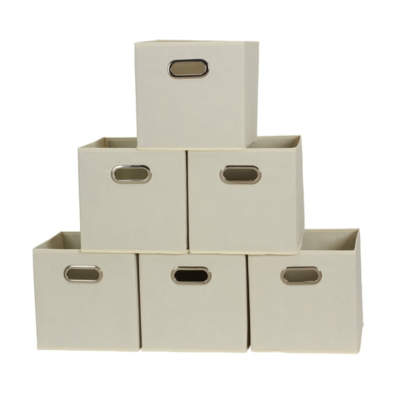 Household Essentials Foldable Fabric Storage Bins 6 Piece Set, Strong Poly-Woven Fabric, Sturdy Chipboard Sides, Grommet Front Handle, Stackable, Classic Design