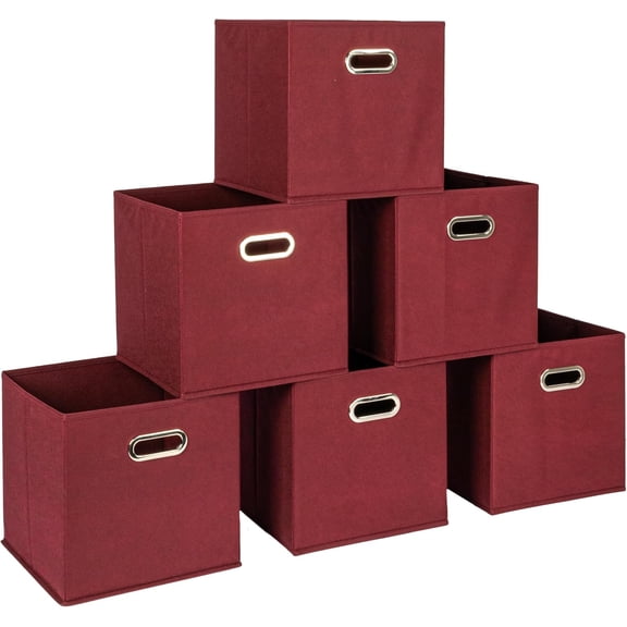 Household Essentials Foldable Fabric Storage Cubes 6-Pack – 11x11x11 Stackable Non-Woven Bins with Chipboard Sides & Grommet Handles – Closet, Shelf, Nursery, or Office Organizer – Regal Red