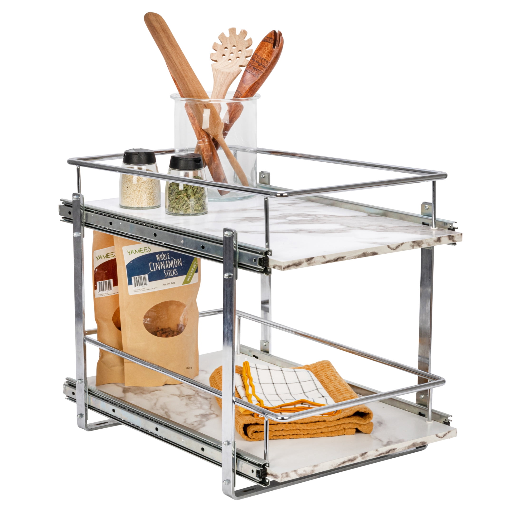 Household Essentials Glidez Chrome-Plated Steel and Faux Marble Pull-Out/Slide-Out Storage Organizer for Under Cabinet Use - 2-Tier Design - Fits Standard Size Cabinet or Shelf, White and Chrome