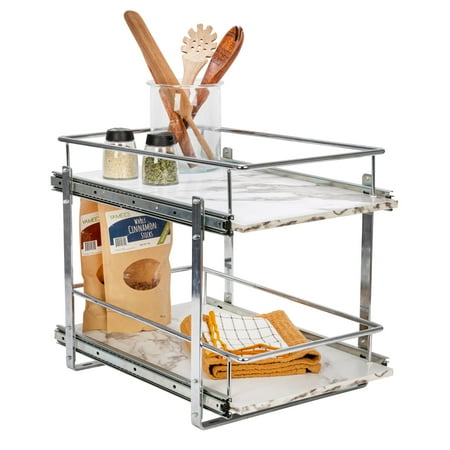 Household Essentials Glidez Chrome-Plated Steel and Faux Marble Pull-Out/Slide-Out Storage Organizer for Under Cabinet Use - 2-Tier Design - Fits Standard Size Cabinet or Shelf, White and Chrome