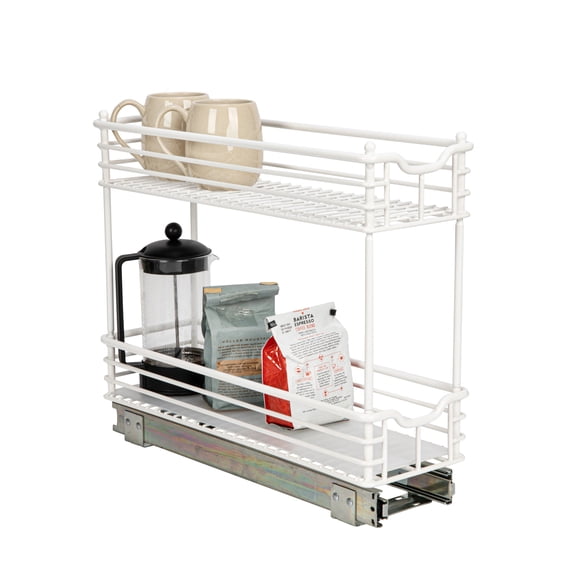 Household Essentials Glidez Multipurpose Paint-Finished Steel Pull-Out Storage Organizer with Plastic Liners for Under Cabinet - 2-Tier Design - Fits Standard Size Cabinet or Shelf, White