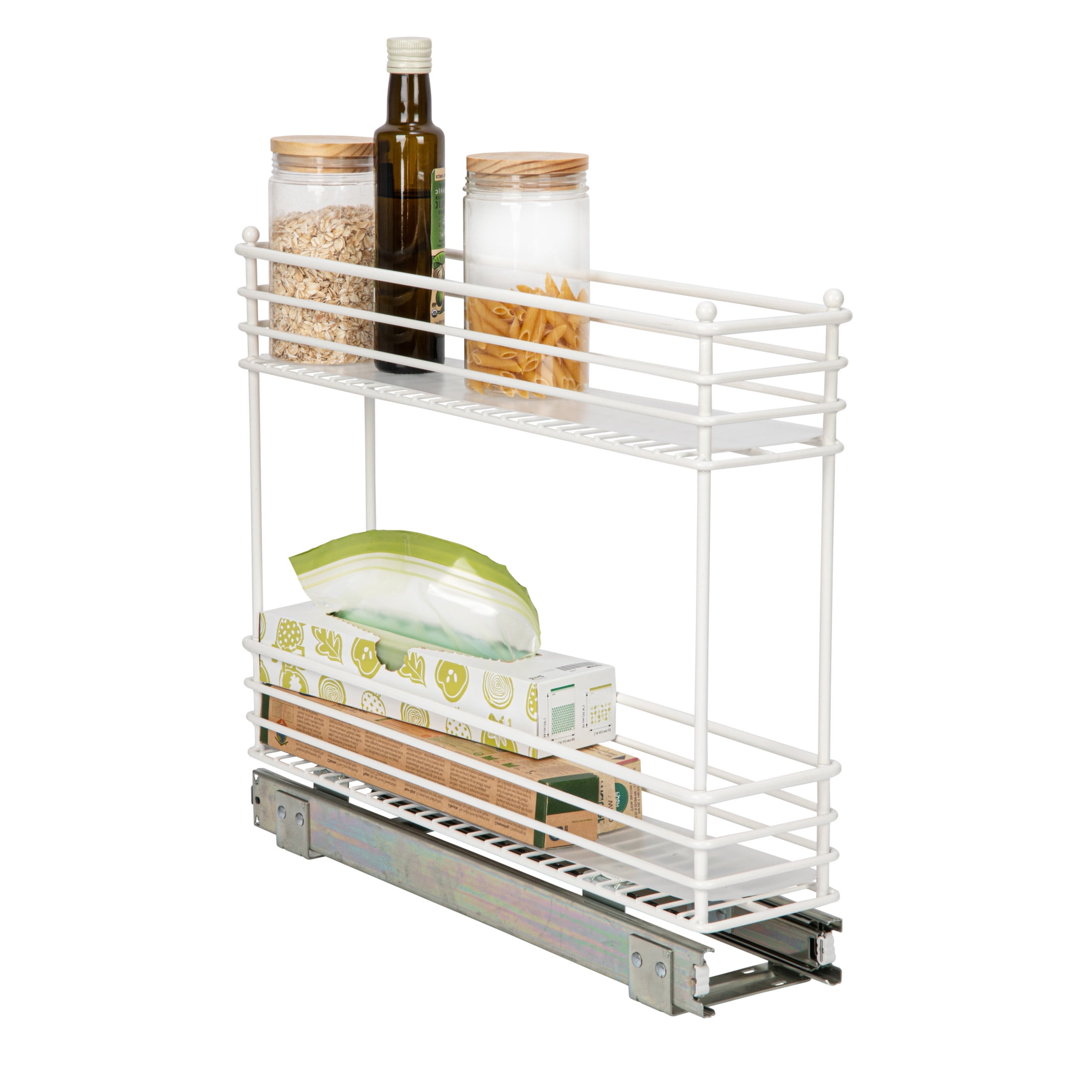 White 2-Tier Steel Pull-Out Cabinet Organizer with Plastic Liners