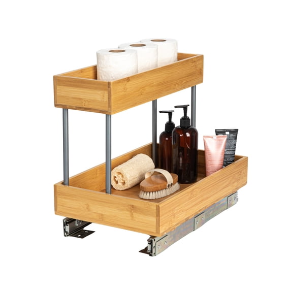Household Essentials Glidez Steel and Bamboo Pull-Out/Slide-Out Storage Organizer for Under Sink or Cabinet Use - 2 -Tier Design - Fits Standard Size Cabinet or Shelf, Natural and Chrome