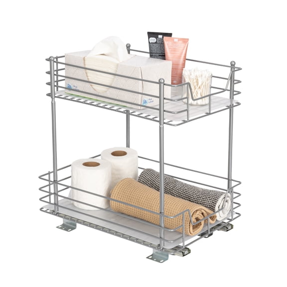 Household Essentials Glidez Steel Pull-Out/Slide-Out Storage Organizer with Plastic Liners for Under Cabinet or Wire Shelf Use - 2-Tier Design - Fits Standard Size Cabinet or Shelf, Brushed Silver