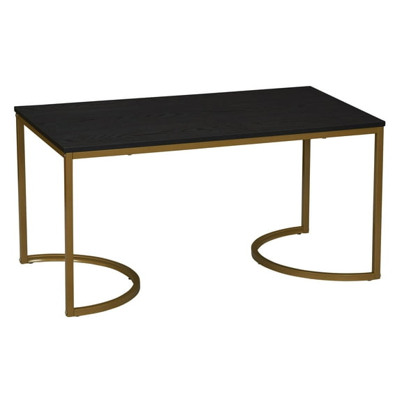Household Essentials Half Moon Rectangular Coffee Table Black Oak Wood Grain and Gold Metal