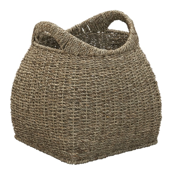 Household Essentials Handled Seagrass Basket Decorative Storage Organizer with Sturdy Metal Frame, Brown Finish