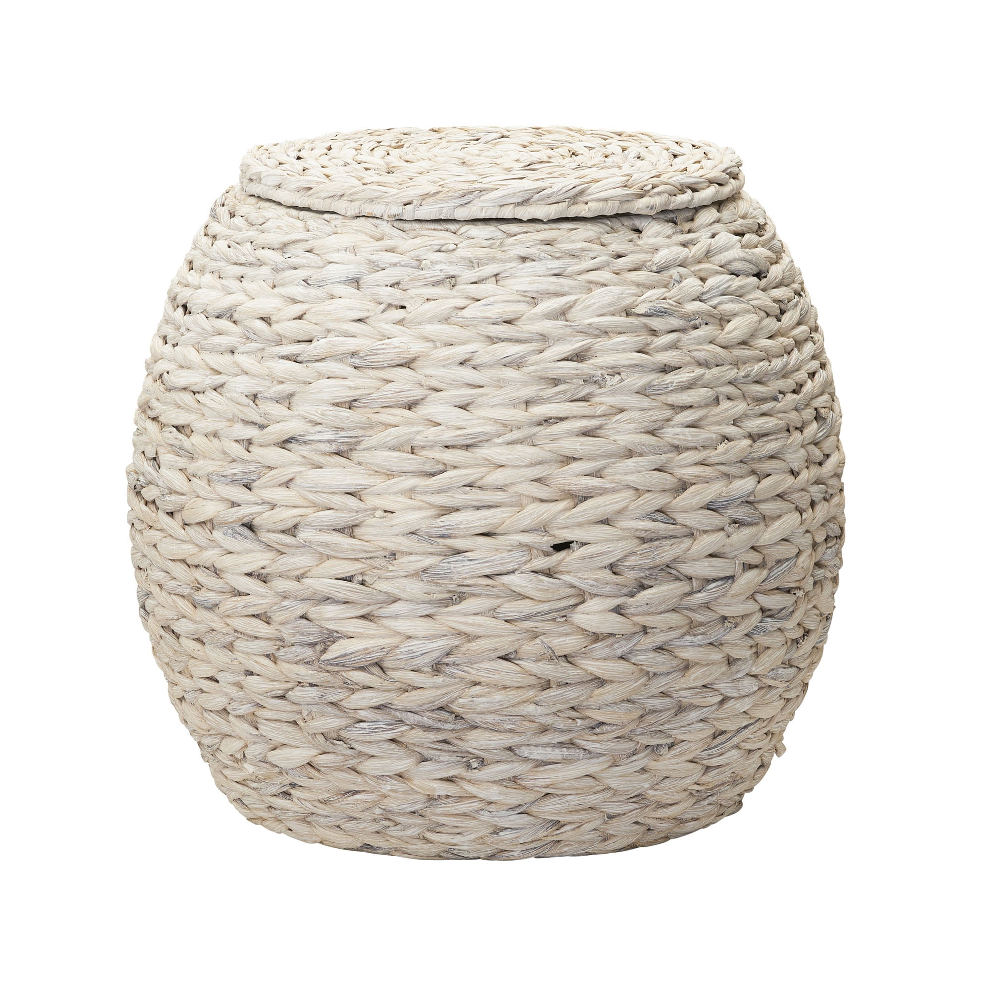 Handwoven White Wicker Round Side Table with Metal Frame
