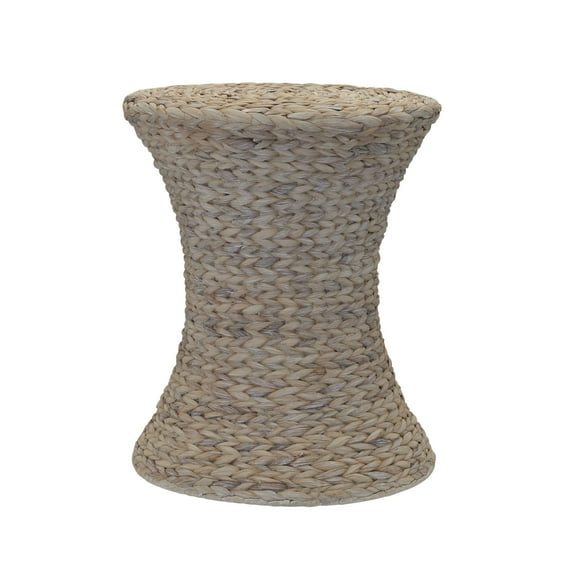 Household Essentials Handwoven Water Hyacinth Wicker Stool with Hourglass Shape, White Wash Finish