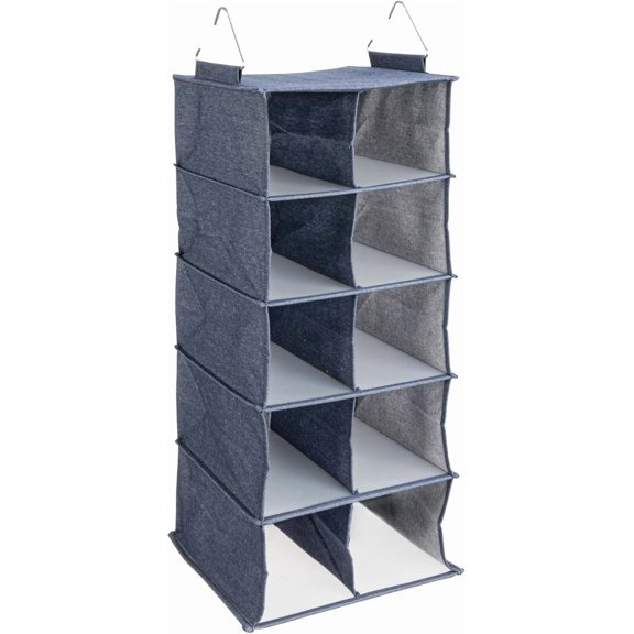 Household Essentials Hanging Cotton Blend and Plastic Closet Shoe Organizer with 10 Storage Compartments, Denim